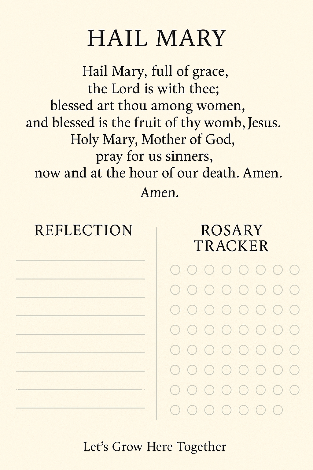 Printable: Hail Mary prayer + Reflection space and Rosary Tracker – 2 Page Set.