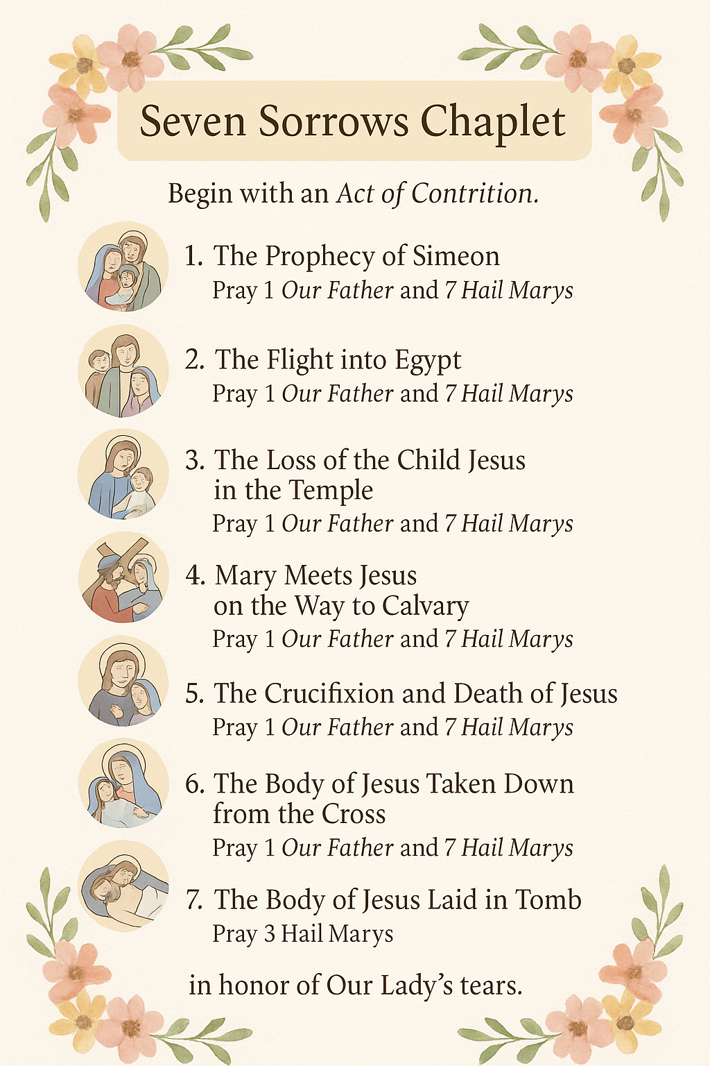 Printable: The Chaplet of the Seven Sorrows of Mary Prayer guide.